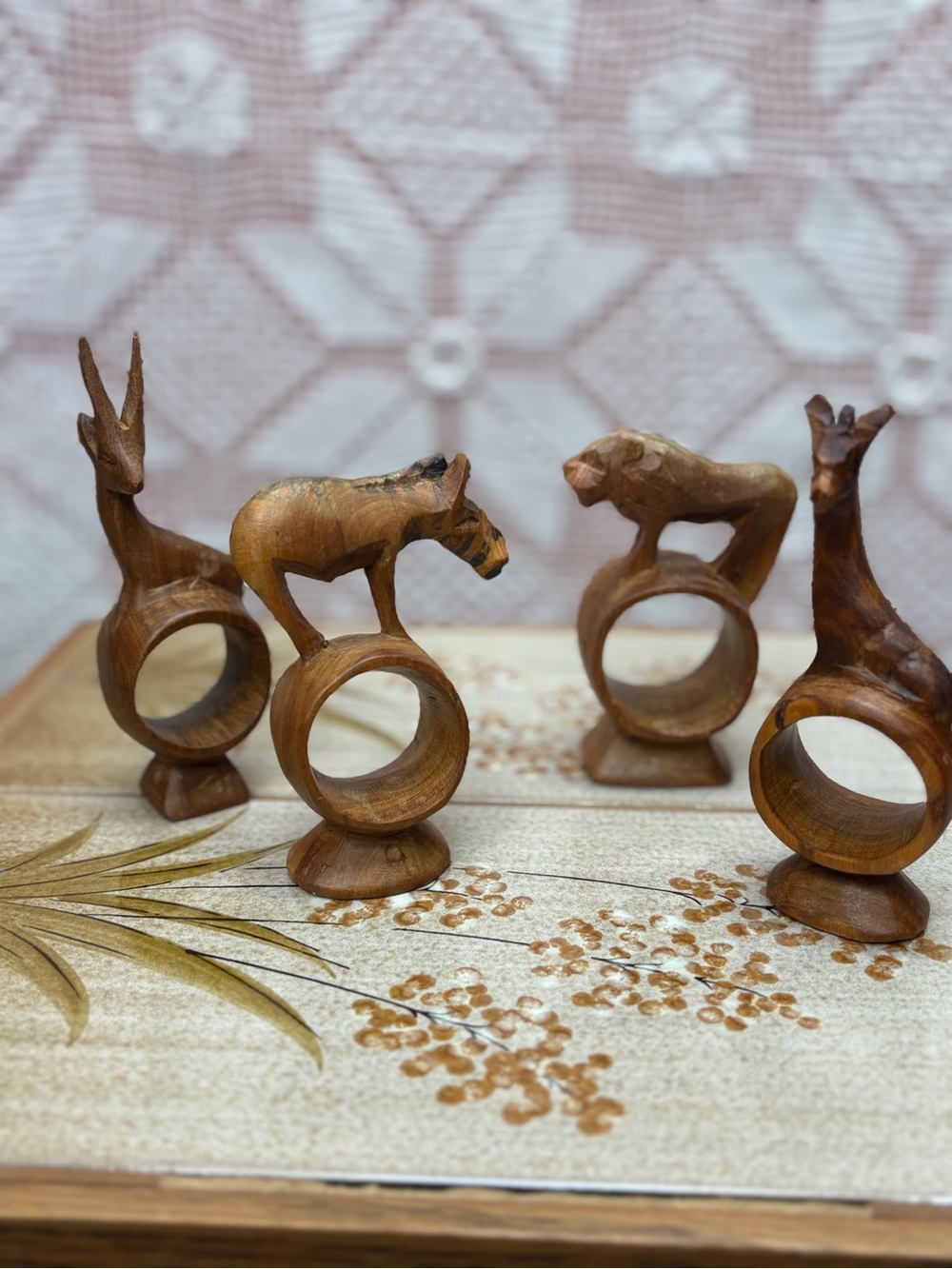 Vintage Hand Carved Wood Animal Napkin Rings Kenya Safari Set